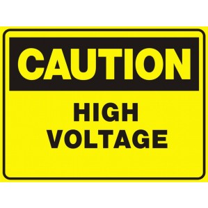 A yellow CA74 Signs of Safety caution sign with black border and text reading "caution high voltage" under the category of hazard warning signs from the brand signsofsafety.