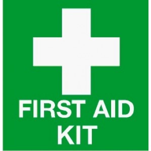 A green sign with a bold white cross and the words "EM43 Signs of safety Emergency First Aid kit" displayed prominently underneath the cross.