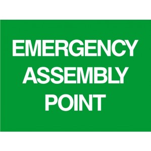 Green sign with white text reading "EM44 Signs of safety Emergency Assembly Point," made from self-adhesive vinyl by signsofsafety.