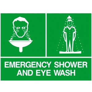 Green signsofsafety depicting the use of an EM45 Signs of safety Emergency Shower and Eye wash station. The left panel shows a face being rinsed, and the right panel displays a figure standing under a shower. This polyprop