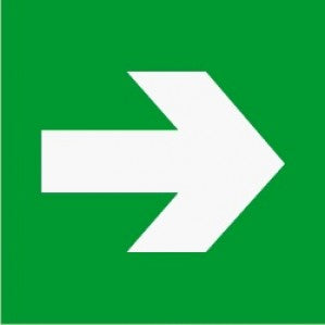 A bold white right-pointing EM46 Signs of safety Emergency directional arrow sign centered on a bright green square background by signsofsafety.