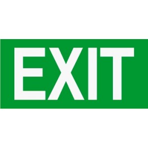 Green and white EM48 Signs of safety Exit sign with bold, uppercase letters on a green polypropylene background by signsofsafety.