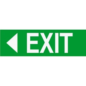 Emergency sign with a white arrow pointing left and the word 
