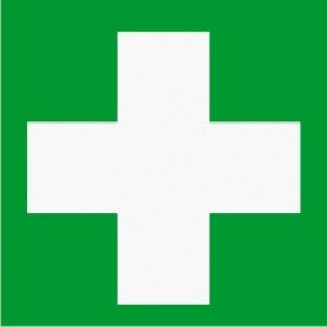 A simple graphic of a large white cross centered on a bright green square background, symbolizing medical or emergency first aid services with the EM51 Signs of safety Emergency First Aid from signsofsafety.