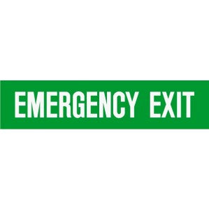 A rectangular Signs of Safety Emergency Exit sign made of self-adhesive vinyl, with a green background and white text reading 