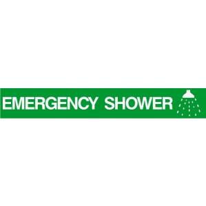 A rectangular green self-adhesive sticker reading "EM56 Signs of safety Emergency Shower sign" with a white icon of a shower overhead, all depicted in white uppercase letters and symbols on a green background.