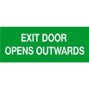 Green rectangular self-adhesive sticker with white text that reads "EM58 Signs of Safety Exit Door Opens Outwards" by signsofsafety.