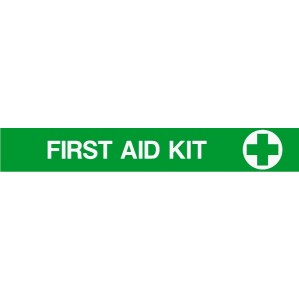 A rectangular green sign with white text reading "EM63 Signs of safety Emergency First Aid kit signs" and a white cross symbol on the left side, symbolizing medical assistance.