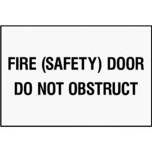 Sign with the text "EM70 Signs of Safety Fire Door Do Not Obstruct signs" on a plain background, printed on self adhesive vinyl, indicating a safety instruction to keep the area clear.