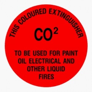 A red circular fire sign with bold black text stating "This EM72 Signs of Safety C02 sign to be used for paint, oil, electrical, and other liquid fires," made from self-adhesive vinyl.