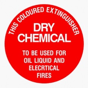 A red circular label stating "this EM78 Signs of Safety Dry Chemical to be used for oil, liquid, and electrical fires" in bold white text.
