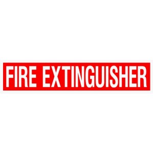 Red rectangular self adhesive sticker with bold white text reading "EM82 Signs of Safety Fire Extinguisher signs" by signsofsafety.