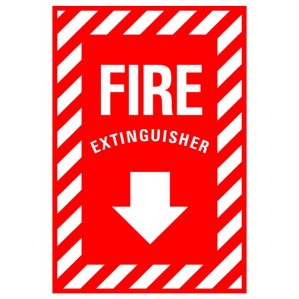 A red and white EM86 Signs of Safety Fire Extinguisher sign featuring bold text "fire extinguisher" with a downward pointing arrow, surrounded by a striped border.