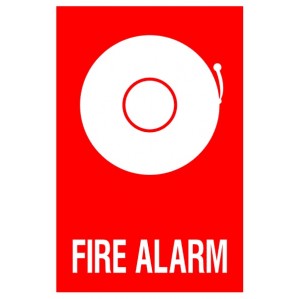 A graphic image of a EM87 Signs of Safety Fire Alarm sign featuring a white circle, representing the alarm bell, on a red background with the words 