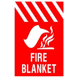 A signsofsafety EM88 Signs of Safety Fire Blanket featuring a large white graphic of a flame covered by a blanket, with diagonal stripes in the upper left corner and the words 