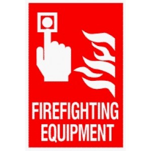 A red rectangular EM89 Signs of Safety fire equipment sign displaying an icon of a hand pressing a button with flames on the right, labeled 