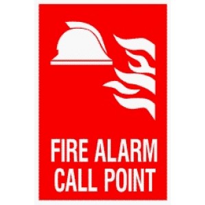 A red self-adhesive sticker featuring a white illustration of a bell with flames and the text "fire alarm call point" for indicating the location of an EM90 Signs of Safety Fire Alarm Call Point sign from signsofsafety.