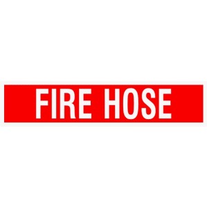A rectangular red sign made of self-adhesive vinyl with white bold text that reads "Fire Hose Signs of Safety F619" by signsofsafety.