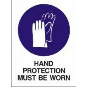 A signsofsafety safety sign featuring a white icon of a hand wearing a glove on a blue circle, with the text 