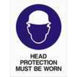 Safety sign with a blue circle containing a white symbol of a hard hat, and text below reading 