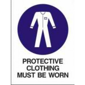 A signsofsafety safety sign featuring a white icon of a person wearing protective clothing within a blue circle, above the text 