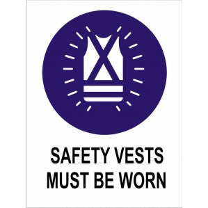A signsofsafety MA17 Signs of Safety Mandatory Safety Vests Must Be Worn sign featuring a white graphic of a safety vest on a purple circle with the text 