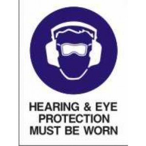 A signsofsafety MA18 Signs of Safety Mandatory Hearing and Eye Protection Must Be Worn sign, in blue and white, featuring an icon of a face with hearing protectors and safety glasses, includes text reading "hearing & eye protection must be worn.