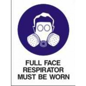 A signsofsafety safety sign made of self-adhesive vinyl featuring a white icon of a full face respirator on a purple circle, with text below stating 