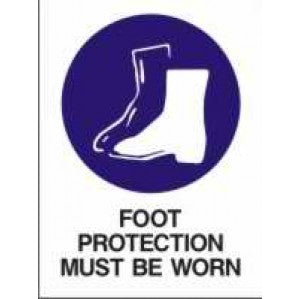 A signsofsafety MA226 Signs of Safety Mandatory Safety Footwear Must be Worn On This Site sign with a dark blue circle containing a white icon of a boot, accompanied by text below that reads 