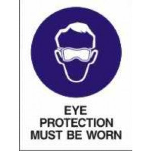 A Signs of Safety Mandatory Eye Protection Must Be Worn on this site sign featuring a white icon of a face with eye protection on a dark blue circle, made from self-adhesive vinyl, with the text 