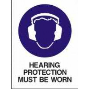 A signsofsafety MA228 Signs of Safety Mandatory Hearing Protection Must Be Worn on this site sign featuring a circle with a stylized image of a head wearing earmuffs, in white on a blue background, with text below that reads 