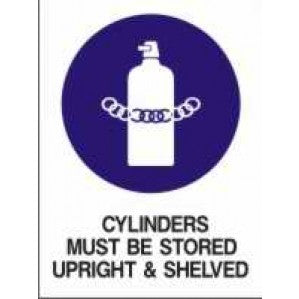 A signsofsafety MA22 Signs of Safety Mandatory All Cylinders Must Be Chained sign featuring a white graphic of a gas cylinder with chains around it on a purple background, with the text 