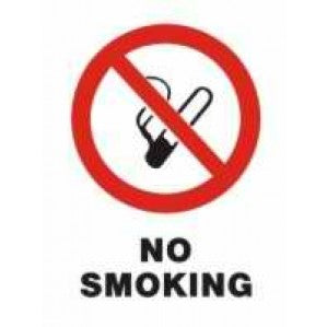 A "signsofsafety" PR10 Signs of Safety Prohibition No Smoking sign made of self-adhesive vinyl, featuring a red prohibition circle and slash over a black cigarette icon, with the words "no smoking" in bold, black letters underneath.