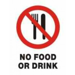A signsofsafety self adhesive vinyl PR11 Signs of Safety Prohibition No Food or Drink In This Area Sign featuring a red prohibition circle with a diagonal line over a black fork and knife, accompanied by the text 
