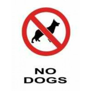 A signsofsafety PR14 Signs of Safety Prohibition No Dogs Sign featuring a red circle with a diagonal line over a black silhouette of a dog, accompanied by the text 
