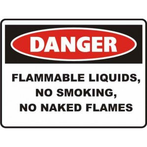 A rectangular Signs of Safety Danger Flammable liquids, no smoking, no naked flames sign with a red and white border and an oval 