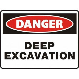 A sign featuring a red oval with the word "danger" in white, above the words "deep excavation" in bold black lettering on a self-adhesive vinyl background for signsofsafety's PR59 Signs of Safety Danger Deep Excavation Sign.