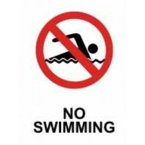 A "no swimming" PR63 Signs of Safety Prohibition Sign from signsofsafety featuring a red circle with a diagonal line over a pictogram of a person swimming in water. The words "no swimming" are displayed below the symbol.