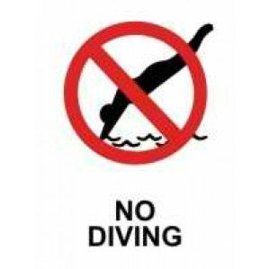 Sign displaying a black pictogram of a person diving into water, encircled and crossed out in red, with the words "no diving" in black text below on self-adhesive vinyl. This is the signsofsafety PR64P Signs of Safety Prohibition No Diving Sign.