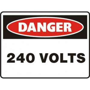 A signsofsafety danger sign with a red and white color scheme displaying the word "danger" at the top and "240 volts" in bold black letters at the bottom, crafted from self-adhesive vinyl.
