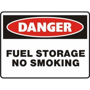 A rectangular sign with a red and black "danger" label at the top and the words "fuel storage no smoking" in bold, black letters on a white background, designed to address hazardous situations. 
Product: A PR69 Signs of Safety Danger Fuel storage no smoking Sign
Brand: signsofsafety