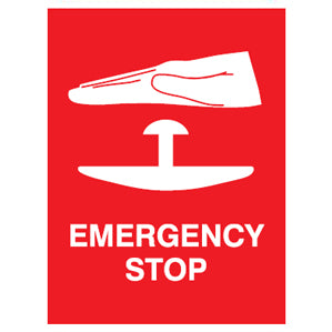 A red EM92 Signs of Safety Emergency Stop sign featuring a white graphic of a hand pressing a button, with the words "emergency stop" in bold, white capital letters below the graphic. This self-adhesive vinyl signage is from signsofsafety.