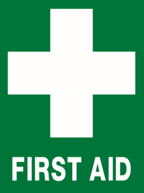 A green square EM39 Signs of safety Emergency First Aid sign featuring a large white cross in the center and the words 