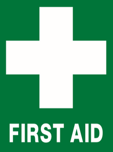 A green square EM39 Signs of safety Emergency First Aid sign featuring a large white cross in the center and the words "Emergency First Aid" written below the cross.