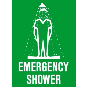A graphic of a person standing under an EM41 Signs of Safety Emergency Shower sign with water spraying down, depicted on a bright green background with the text "Emergency Shower signs" at the bottom.