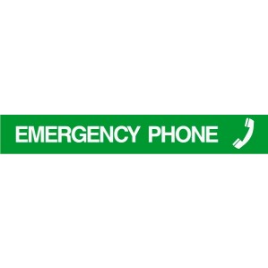 Green rectangular sign with white text reading "emergency phone" and a white icon of a telephone receiver on the right side, made from self-adhesive vinyl suitable for indoor/outdoor signage. The EM59 Signs of Safety Emergency Phone Sign from signsofsafety.