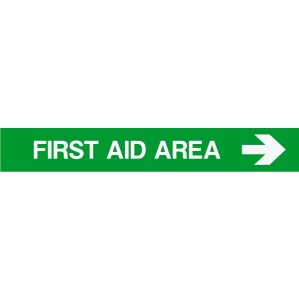 A rectangular sign made from self-adhesive vinyl with a green background and white text that reads "EM60 Signs of safety Emergency First Aid Area signs" next to a white right-pointing arrow from signsofsafety.