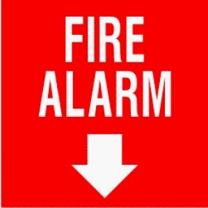 A bright red square EM73 Signs of Safety Fire Alarm with arrow sign from signsofsafety with bold white text reading "fire alarm" and a large white downward arrow beneath the text.
