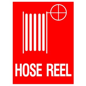 A red EM74 Signs of Safety Hose Reel sign crafted from self-adhesive vinyl displaying a white graphic of a hose reel with vertical lines representing the hose and a circle symbolizing the reel, accompanied by the text "fire hose reel.