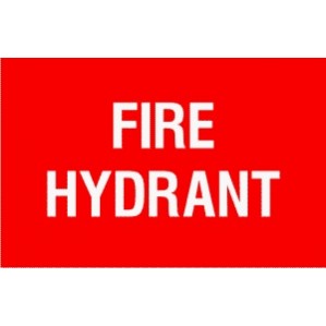 A red sign made of self-adhesive vinyl with white text that reads "fire hydrant" for marking the location of a fire hydrant, specifically the EM77 Signs of Safety Fire Hydrant signs by signsofsafety.